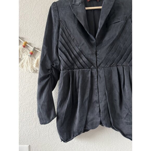 Alice + Olivia 100% Silk Navy Hook Eye Ruched Blazer Jacket Office Victorian S - Picture 4 of 11